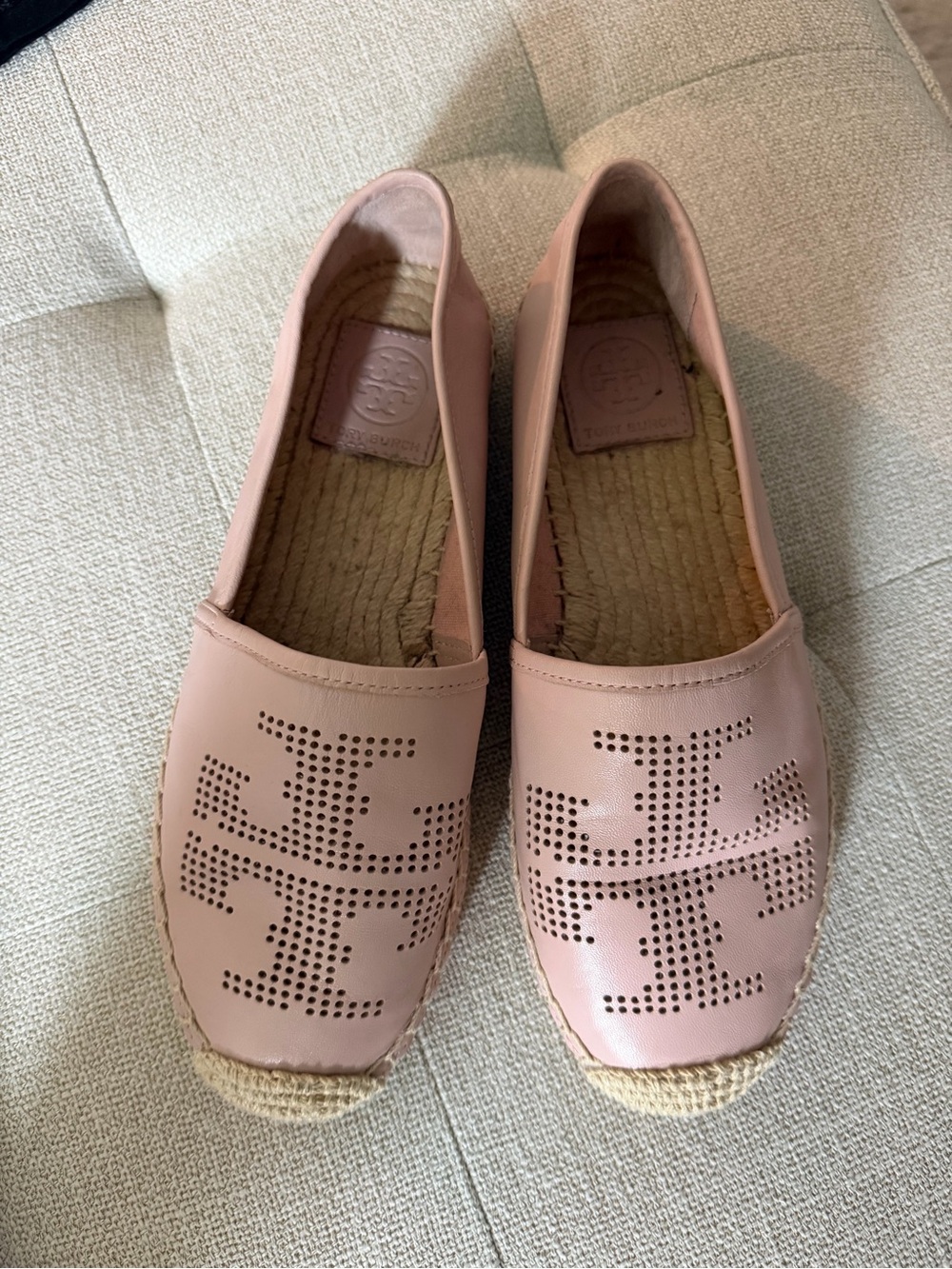 Tory Burch Blush Pink Perforated Leather Espadrille Flats